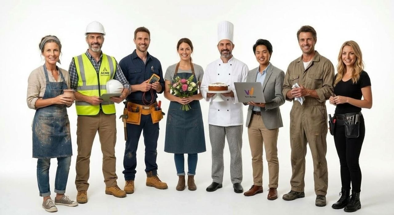 Eight people at work: a maker, a builder in a hard hat, an electrician, a florist, a chef, an office worker, a maintenance worker and a mechanic